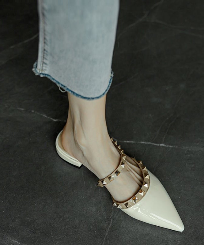 White Rivet Pointed Toe Cowhide Leather Slide Sandals