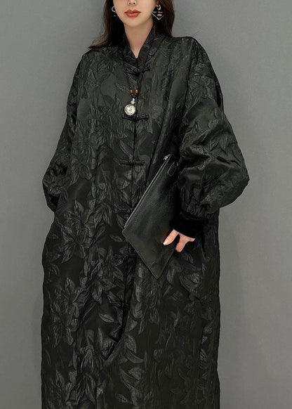 Black Oriental Button Jacquard Spandex Coats Fall