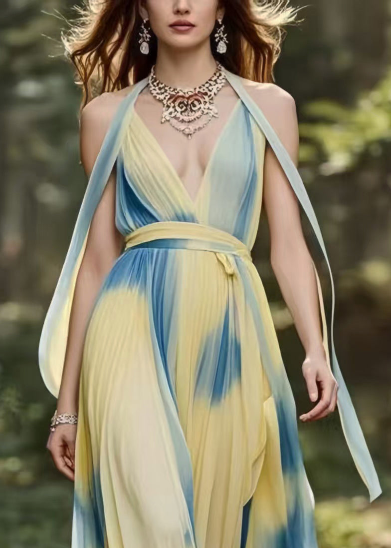 Light Yellow Tie Dye Exra Large Hem Chiffon Summer Dress