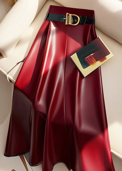 Stylish Red Sashes High Waist Faux Leather Skirts Spring