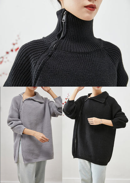 Grey Asymmetrical Zip Up Thick Knit Sweater Tops Winter
