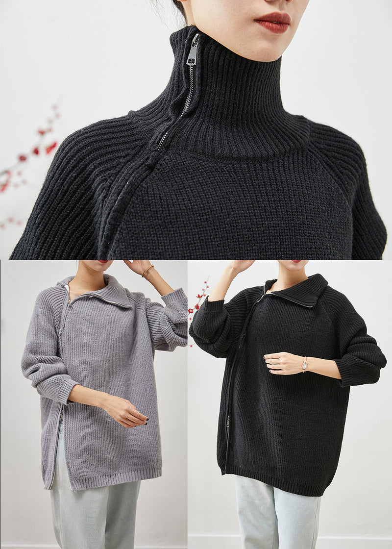 Grey Asymmetrical Zip Up Thick Knit Sweater Tops Winter