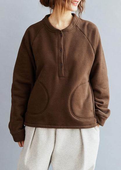 Natural O Neck Cotton Loose Clothes Work Brown Blouse