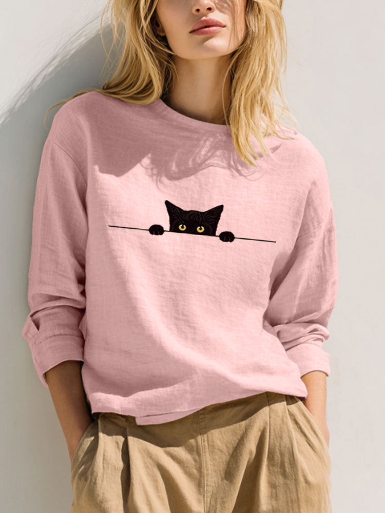 Comstylish Women's Casual Funny Black Cat Print T-shirt