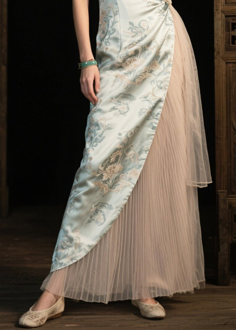 Light Green Asymmetrical Patchwork Silk Pleated Dresses Summer