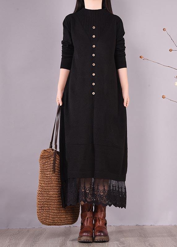 Handmade Black Clothes O Neck Patchwork Lace Kaftan Spring Dresses