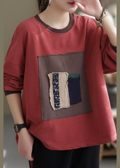 Red O-neck Patch Applique Cotton Shirt Spring