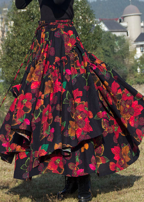 Red Asymmetrical Print Tie Waist Pleated Skirts