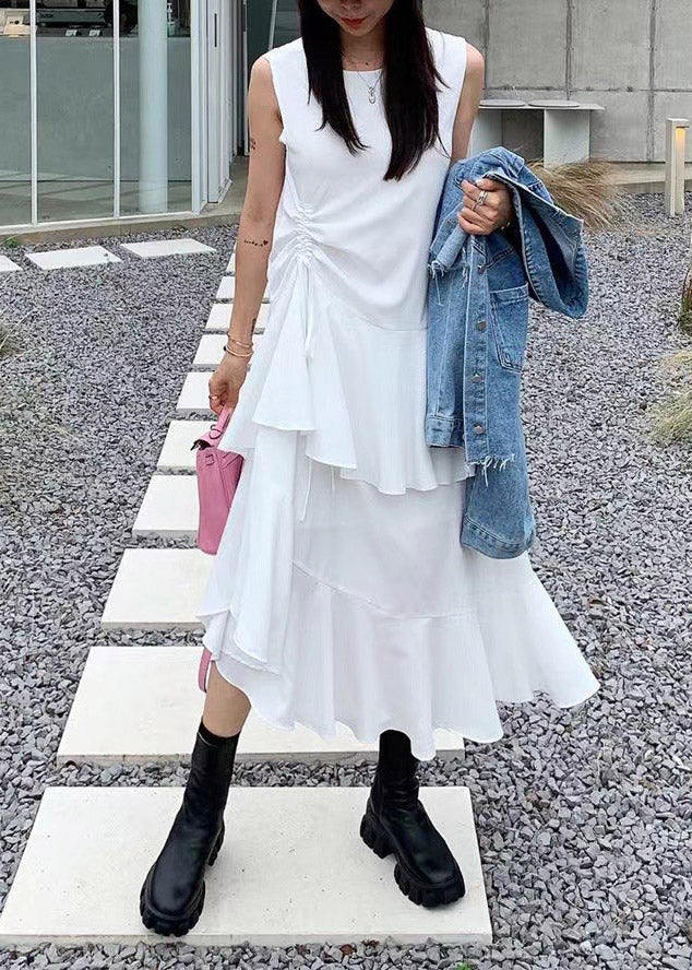 French Black O-neck Asymmetrical Drawstring Ruffled Maxi Layered Dress Summer