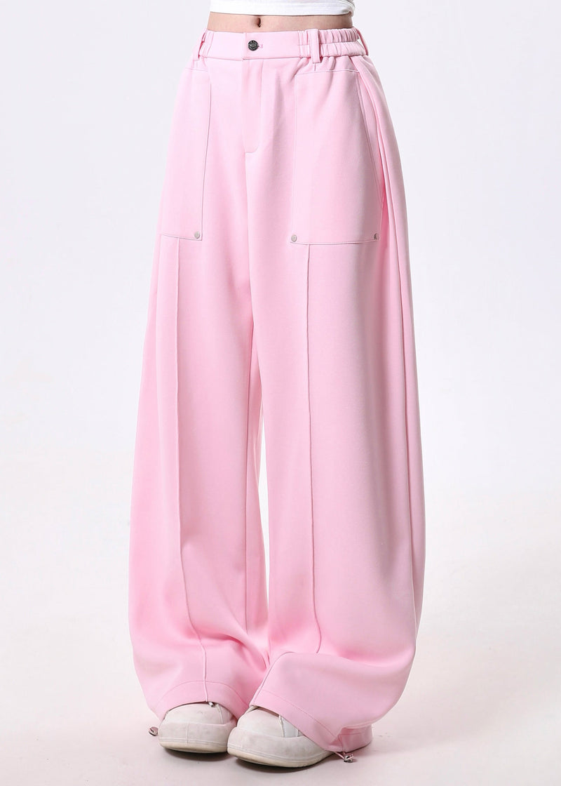 Pink Elastic Waist Cotton Straight Pants Spring