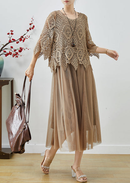 Khaki Lace Patchwork Tulle Fake Two Piece Dresses Summer