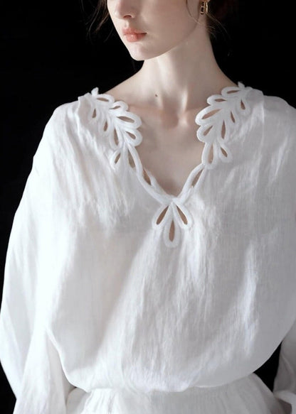 Art White Hollow Out Cotton Blouse Top Fall