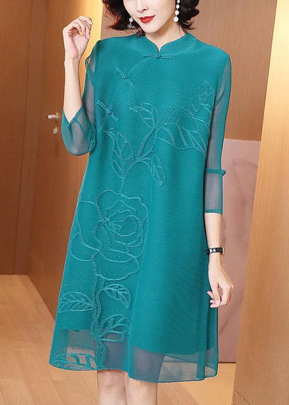 Italian Green Print Oriental Long Sleeve Robe Dresses Summer