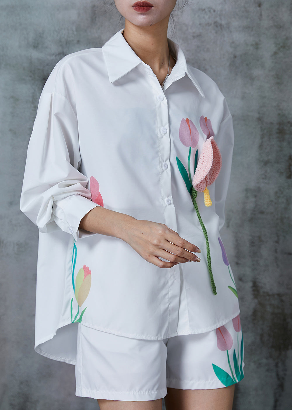 White Print Knit Cotton Two Pieces Set Summer