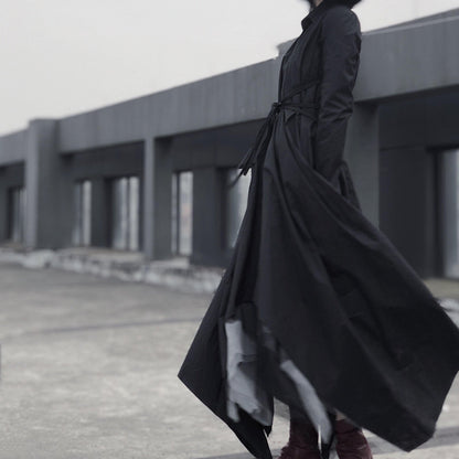 Black Tunic Pattern V Neck Asymmetric Robe Spring Dress