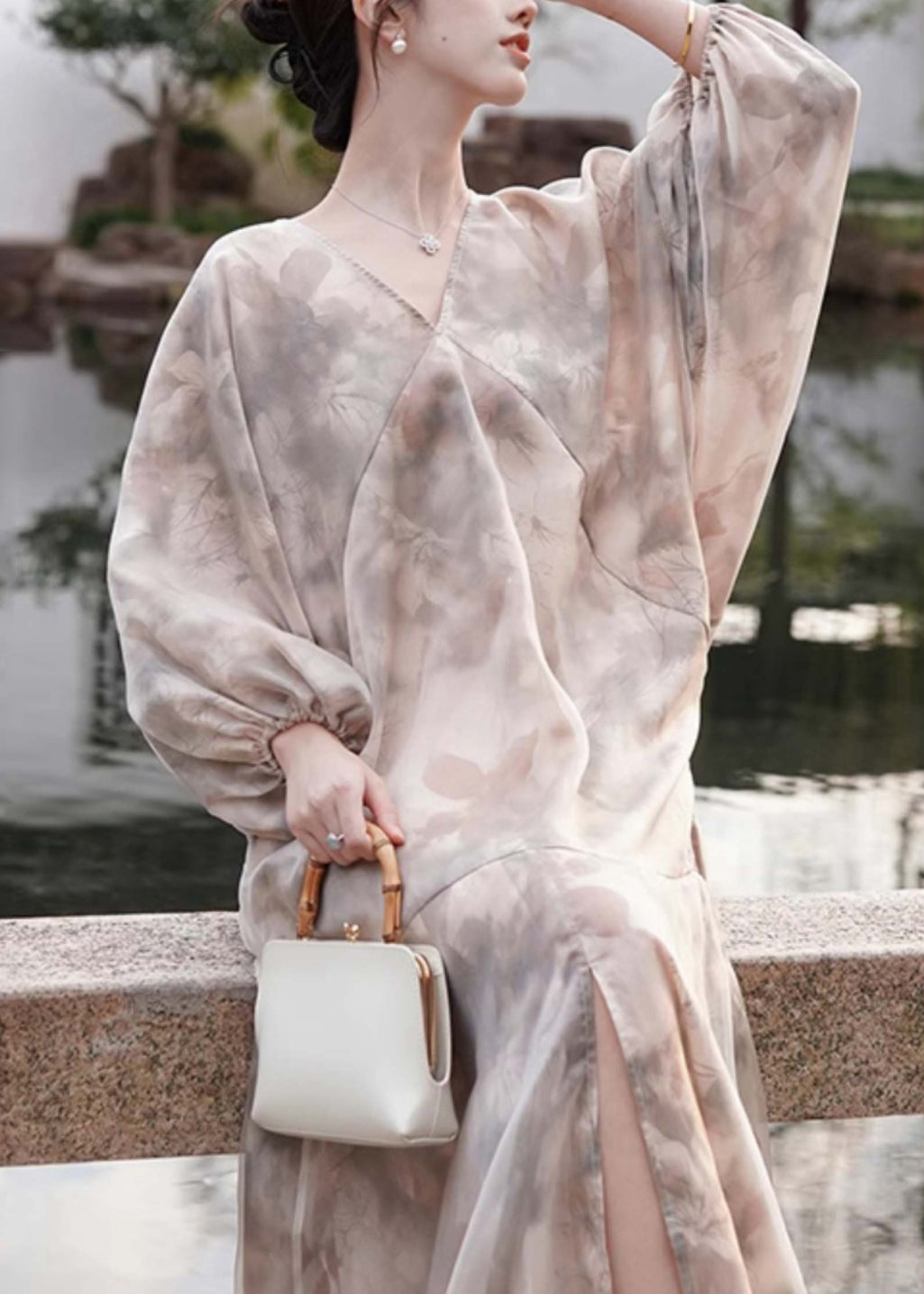 V Neck Print Patchwork Party Long Dress Spring