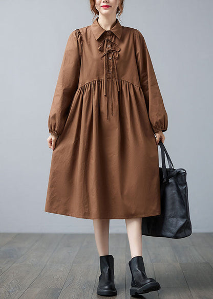 Caramel Peter Pan Collar Patchwork Button Fall Vacation Dresses Long Sleeve