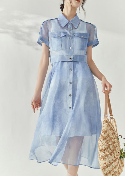 Stylish Blue Peter Pan Collar Button Tulle Shirts and Maxi Skirts Two Piece Set Summer