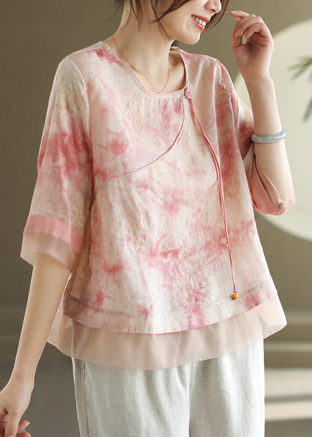 Light Green O Neck Tasseled Embroidered Linen Shirts Summer