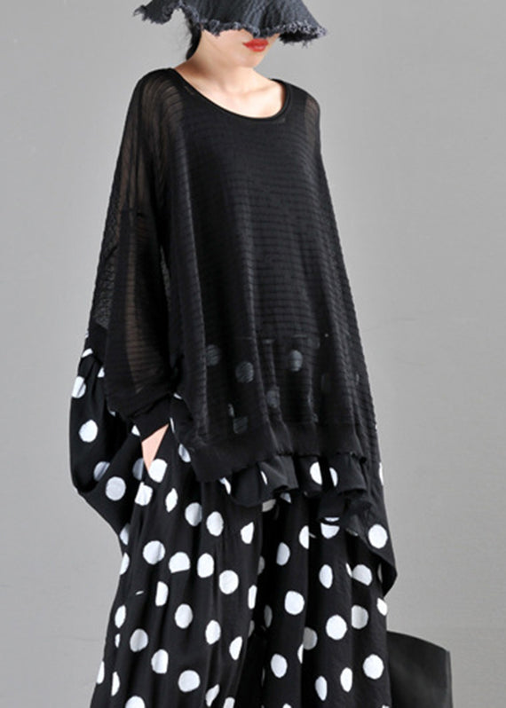 Loose Black O-neck Dot Print Patchwork Knit Cotton Top Long Sleeve