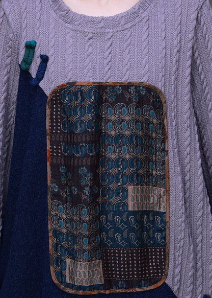 Grey Blue Patchwork Oriental Button Knit Sweater Dress Long Sleeve