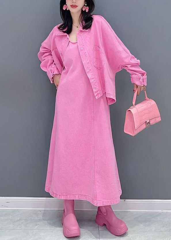 Pink Peter Pan Collar Coats and Long Dresses Two Pieces Set Puff Sleeve