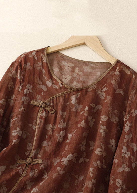 Red O Neck Print Patchwork Linen Shirt Bracelet Sleeve