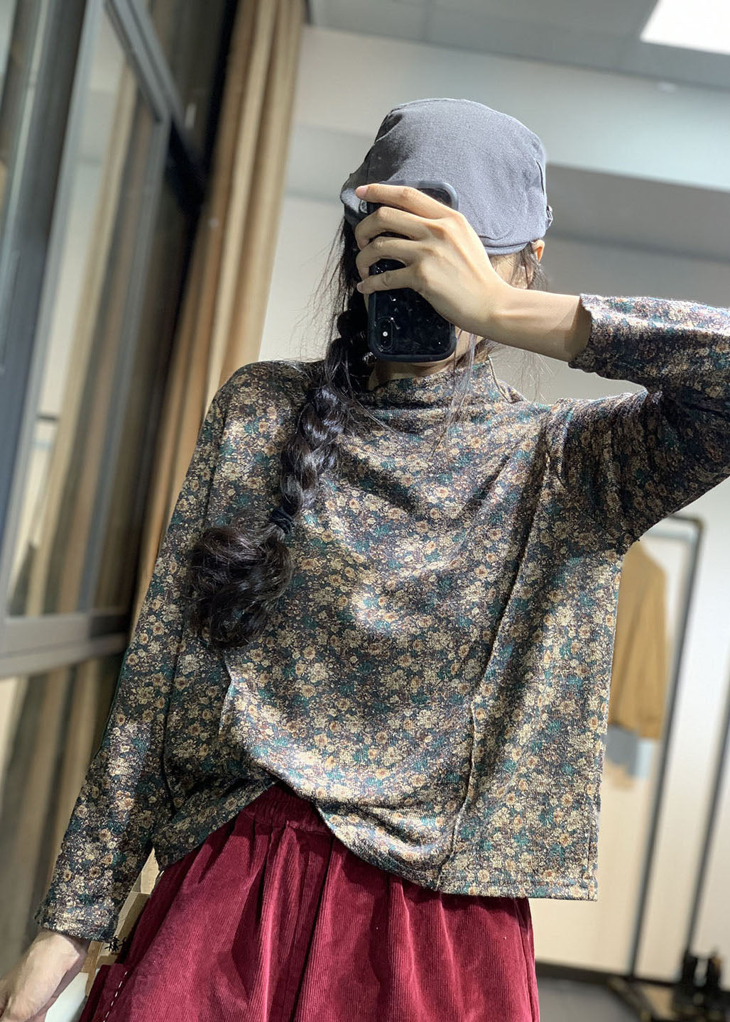 Yellow Turtle Neck Patchwork Print Cotton Top Fall