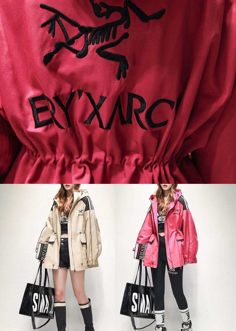 Khaki Pockets Drawstring Cotton Jacket Hooded Embroideried Spring