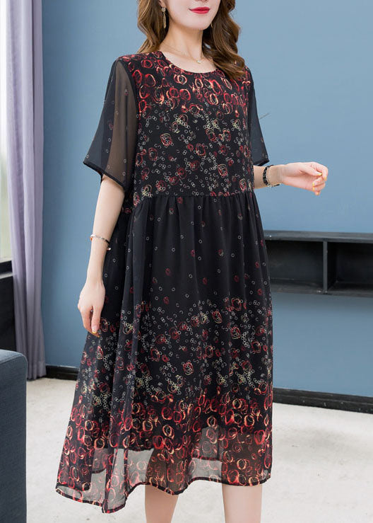 Black O Neck Print Wrinkled Patchwork Chiffon Dress Summer