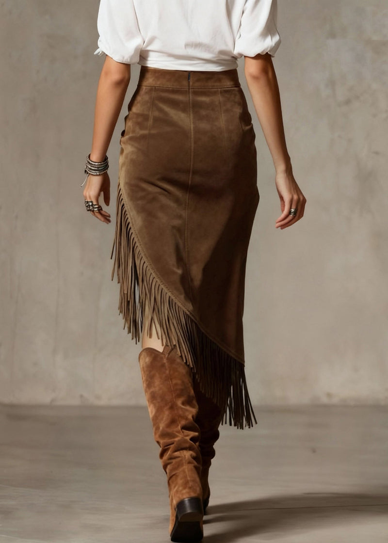Chocolate Asymmetrical Tasseled High Waist Faux Suede Skirt Spring