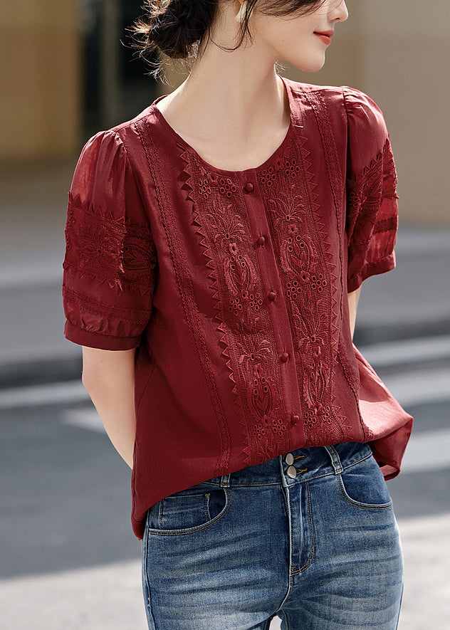 Natural Red O-neck Embroidered Cotton Blouses Summer