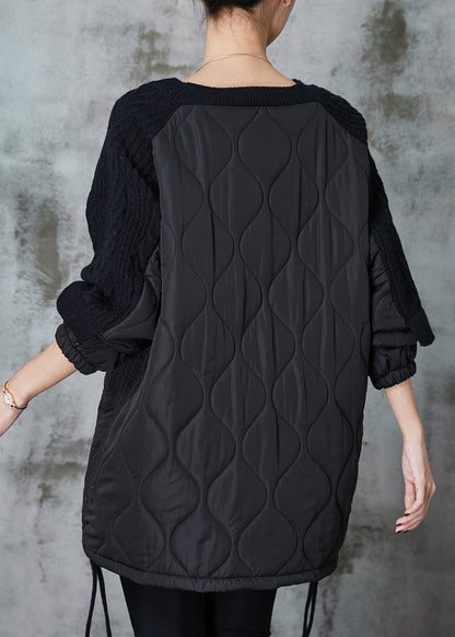 Black Cinched Patchwork Knit Sweatshirts Top Spring