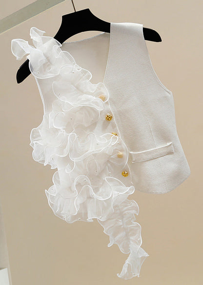White V Neck Button Tulle Patchwork Cotton Waistcoat Sleeveless