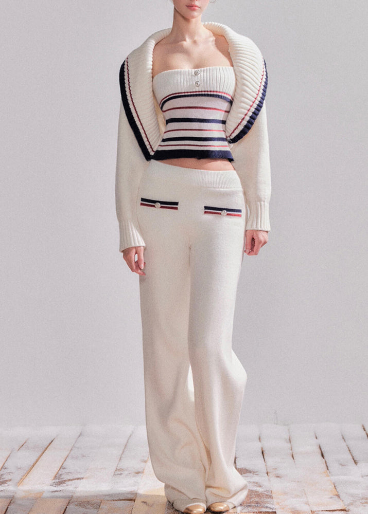 Novelty White Striped Patchwork Cotton Knit Cardigans, Top and Straight Pantstwo Pieces Sets Fall