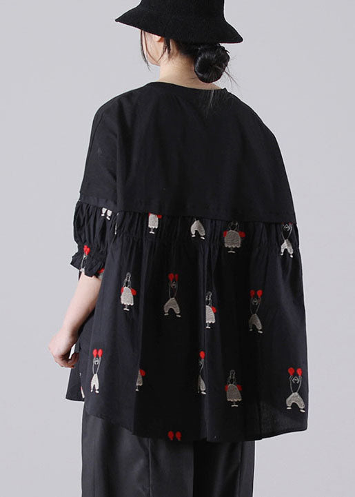 Black O-neck Embroideried Patchwork Cotton Shirts Short Sleeve