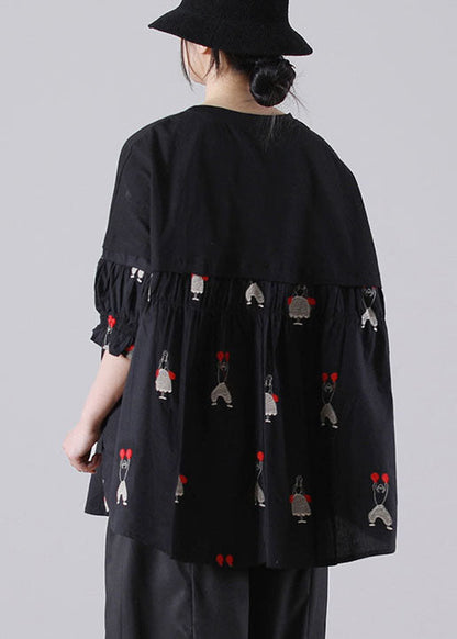 Black O-neck Embroideried Patchwork Cotton Shirts Short Sleeve