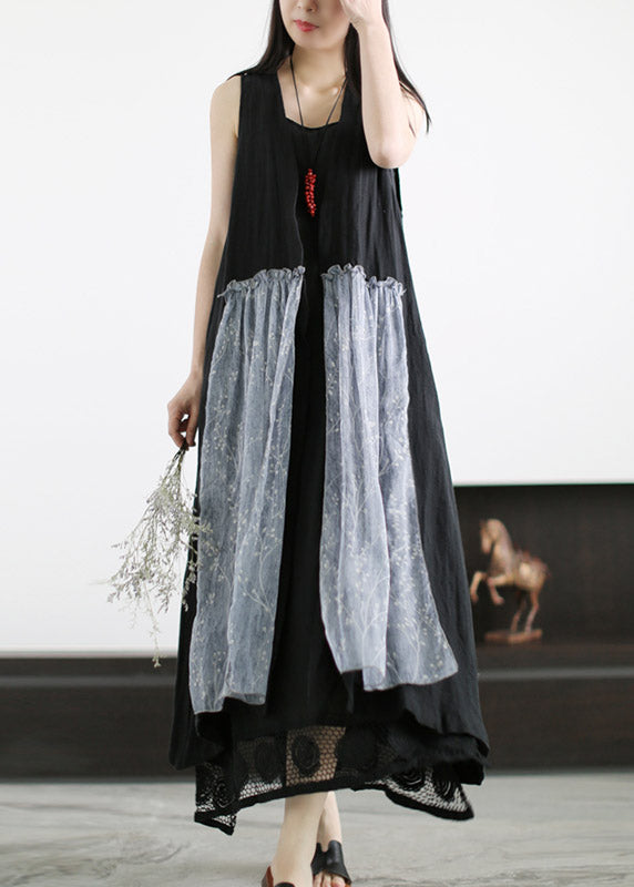 Black Print Silk Patchwork Linen Waistcoat and Spaghetti Strap Dress Two Piece Set Summer