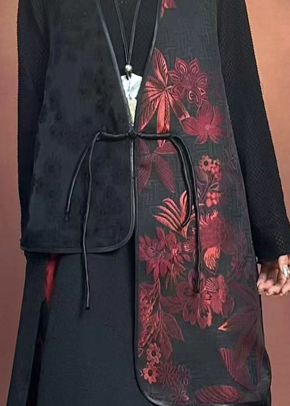 Black V Neck Asymmetrical Embroidered Waistcoat Winter