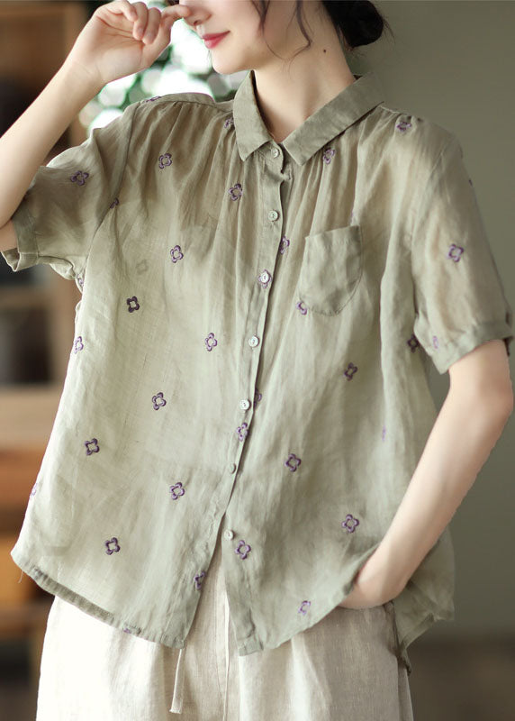 Grey Green Embroideried Linen Shirt Top Short Sleeve