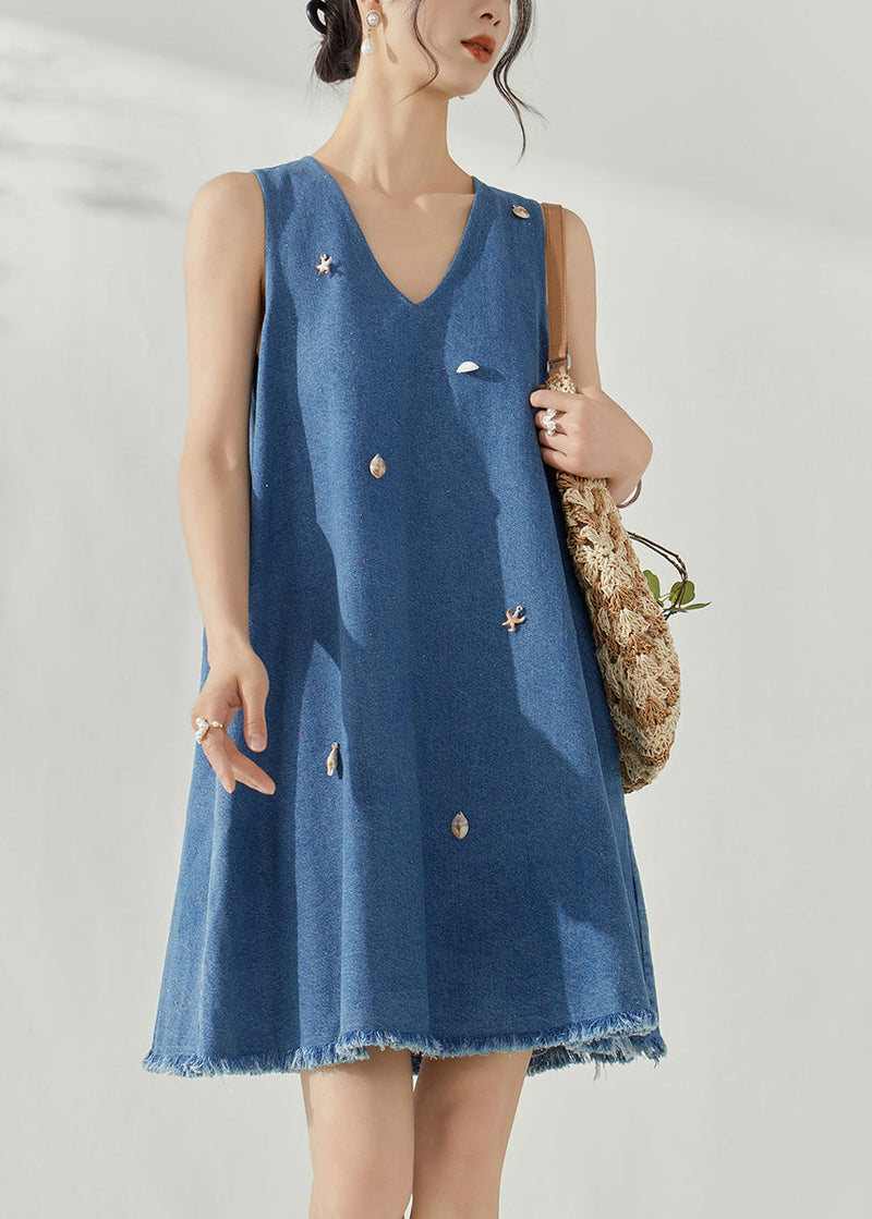 Blue V Neck Holiday Denim Mid Dress Summer