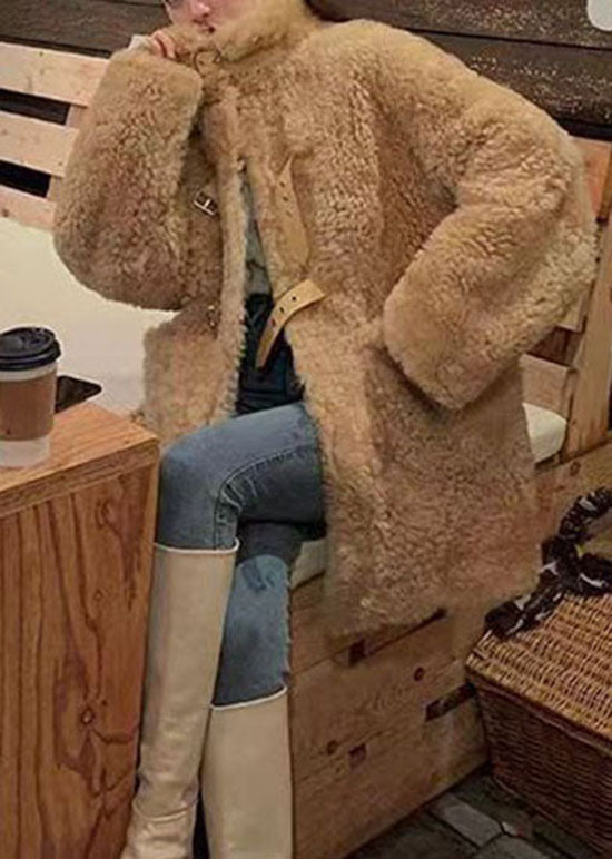 Camel Buckle Strap Patchwork Faux Fur Jacket Winter