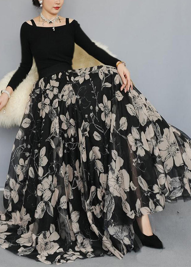 Black Print Exra Large Hem Chiffon Skirts Spring