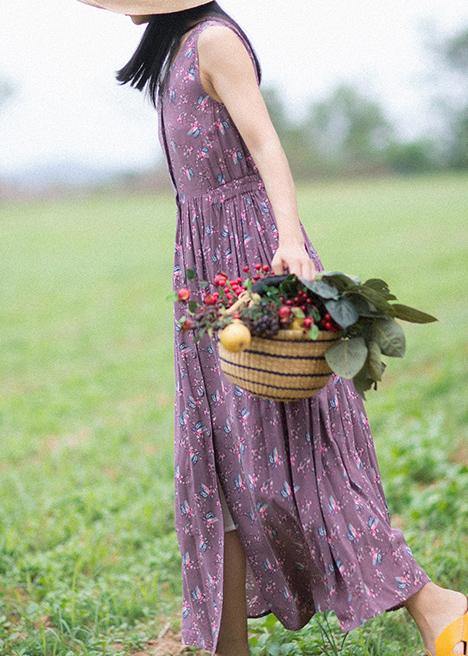 Unique Purple Print Dresses O-neck Button Summer Sleeveless Dress