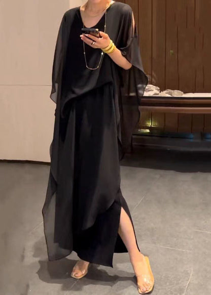 Jacquard Black Wrinkled Chiffon Long Dress Batwing Sleeve Summer
