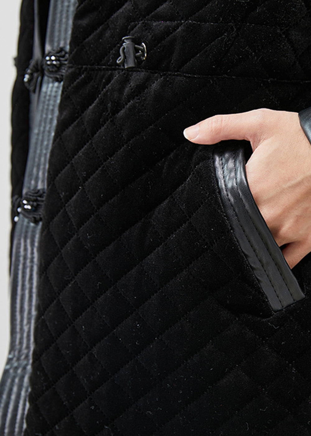 Black Chinese Button Patchwork Silk Velour Coat Winter