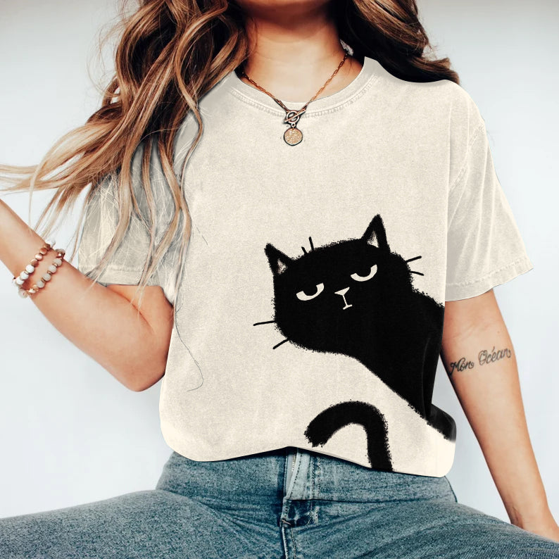 Women's Abstract Creative Cute Black Cat Art Print T-shirt elevenforest