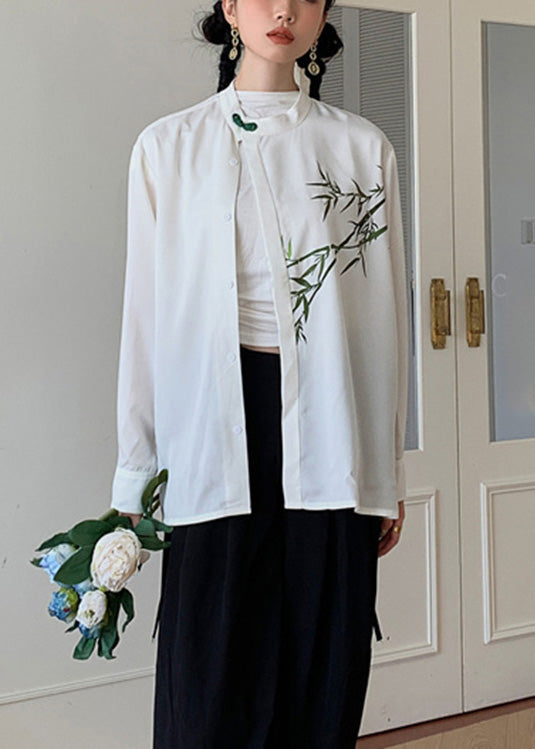 Diy White O-neck Print Button Silk Shirts Spring