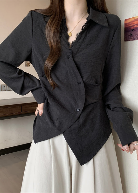 Black Asymmetrical Patchwork Silk Shirt Tops Fall