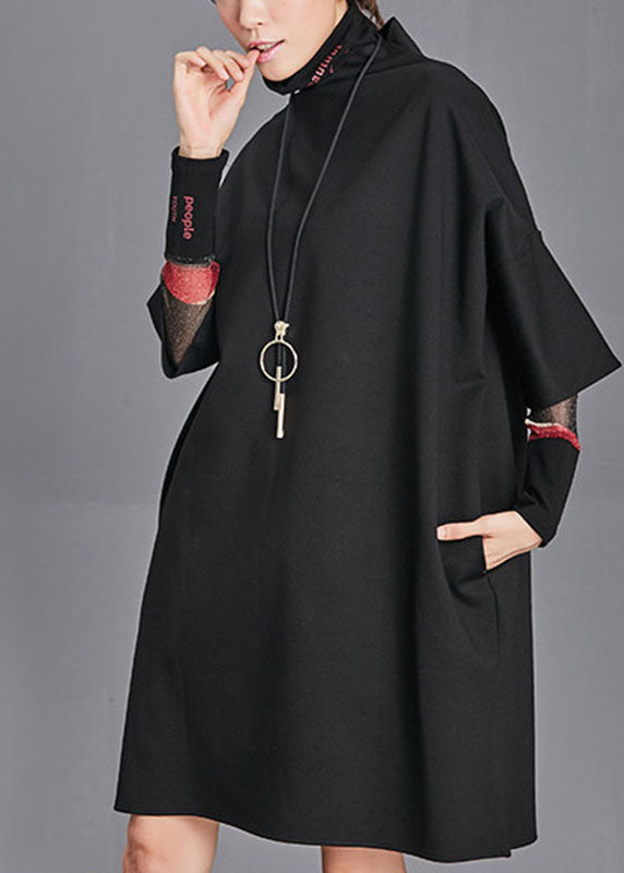 Black Turtleneck Pockets Fall Half Sleeve Maxi Dress